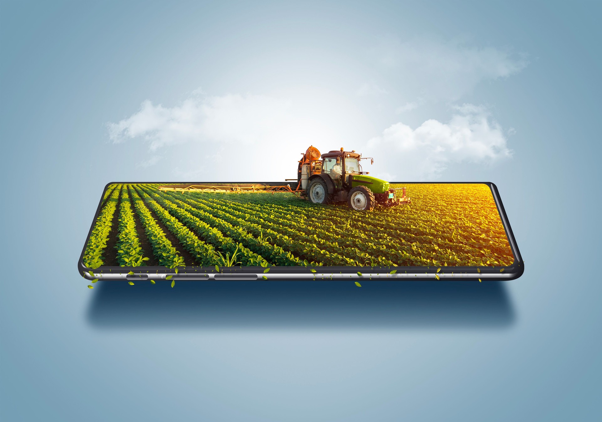 3d illustration of smart farming concept, tractor on a smartphone, farm online management ads, farming control technology online.